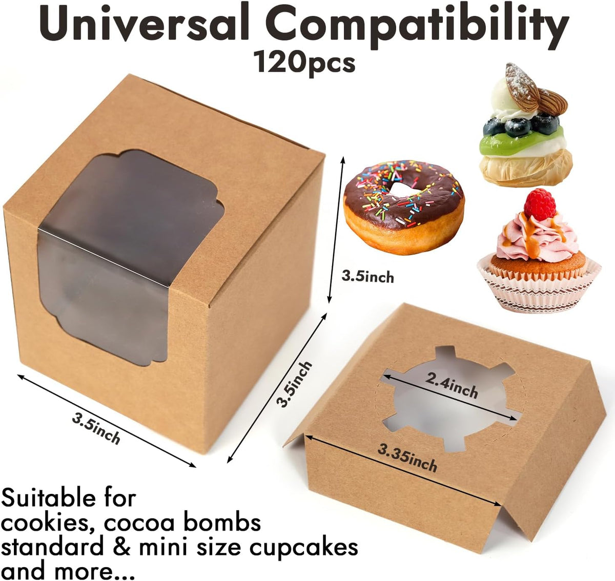JCD 120pcs Cupcake Boxes, 3.5inches Individual Pre-Assembled Kraft Brown Cupcake Boxes with Window
