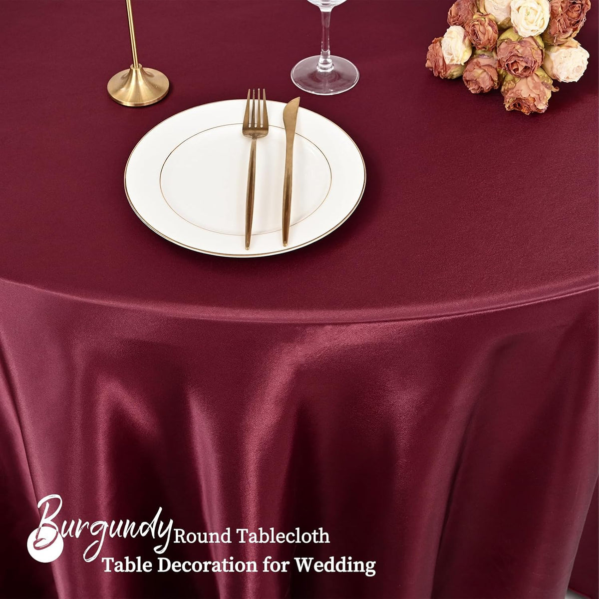 fani 6 Pack 120 Inch Burgundy Satin Tablecloth - Premium Bright Silky Round Tablecloth Overlay