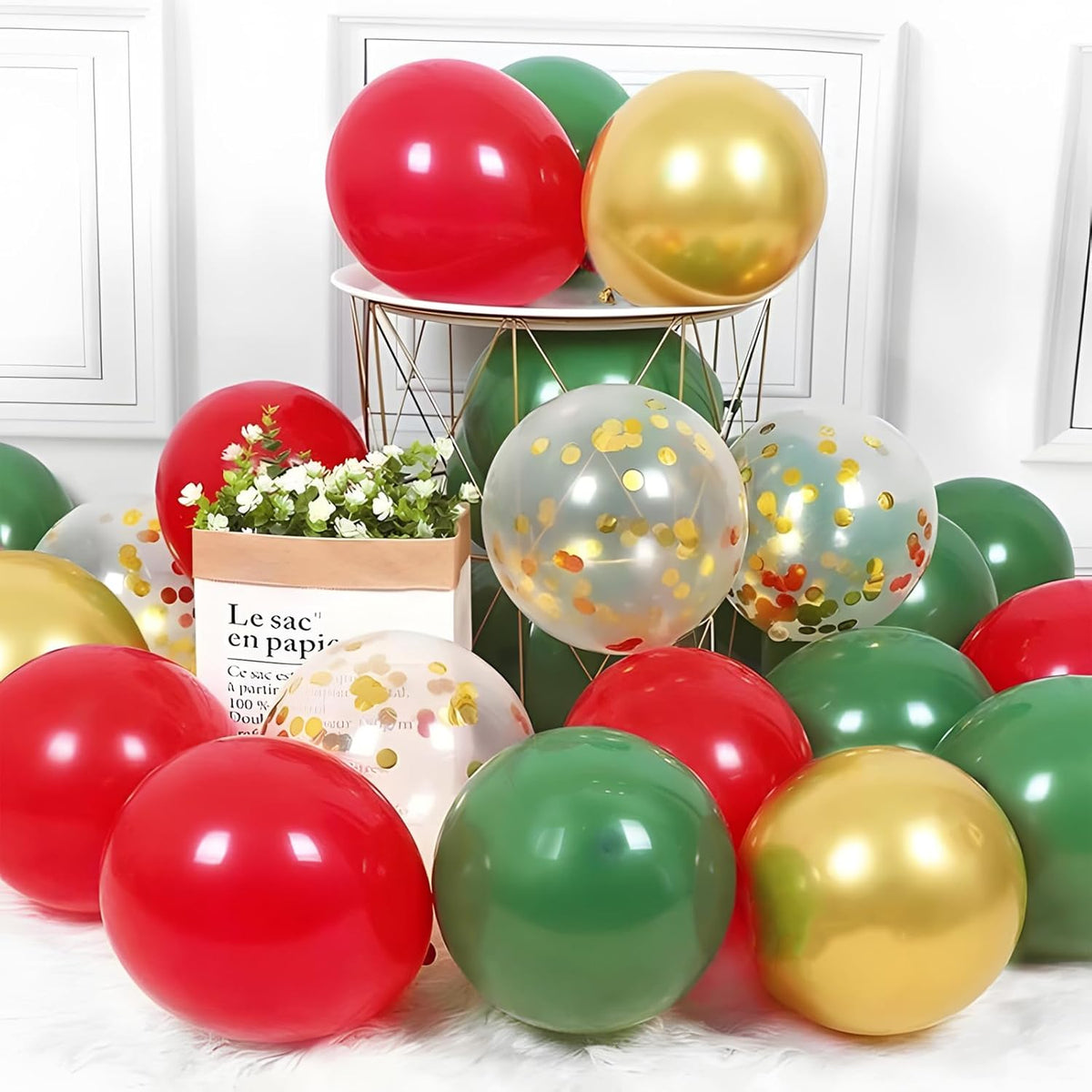 Christmas Red Green Gold Balloons Set, 60Pcs 12 Inch Red Green White Metallic Gold Confetti Latex