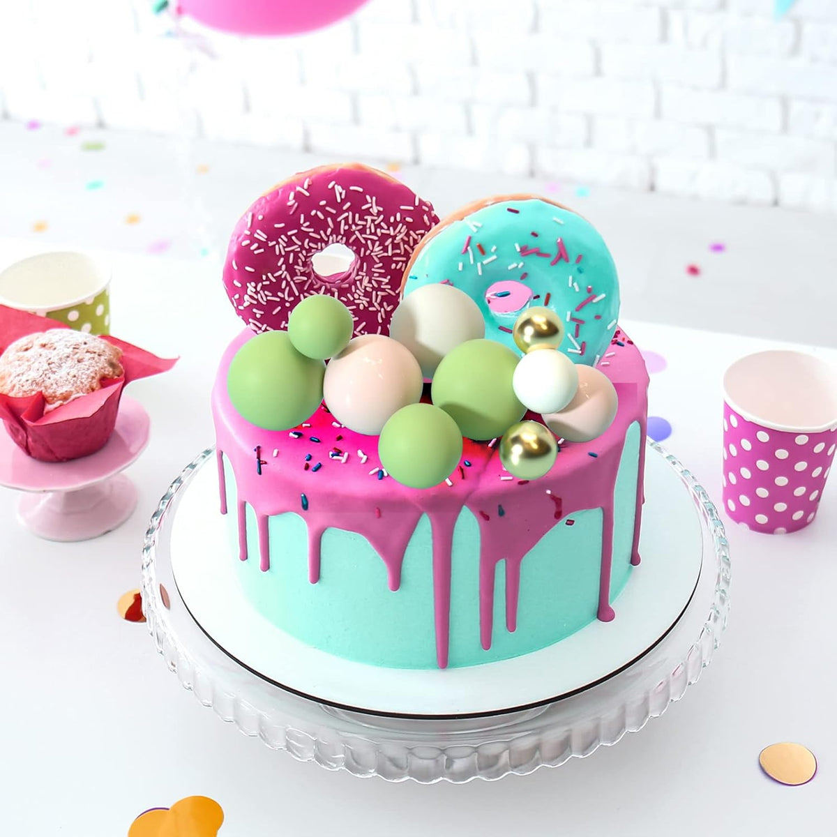 ASTARON Ball Cake Topper, 32 Pcs Foam & Wire Decorations, Mini Balloons Cake Topper Sticks, 4