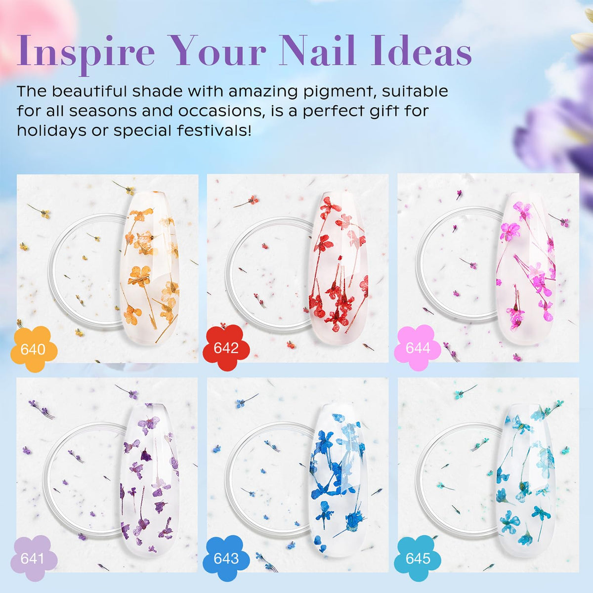 AZUREBEAUTY Dip Powder Nail Transparent Crystal Dried Flower Set, Blue Green Purple Pink Yellow 6