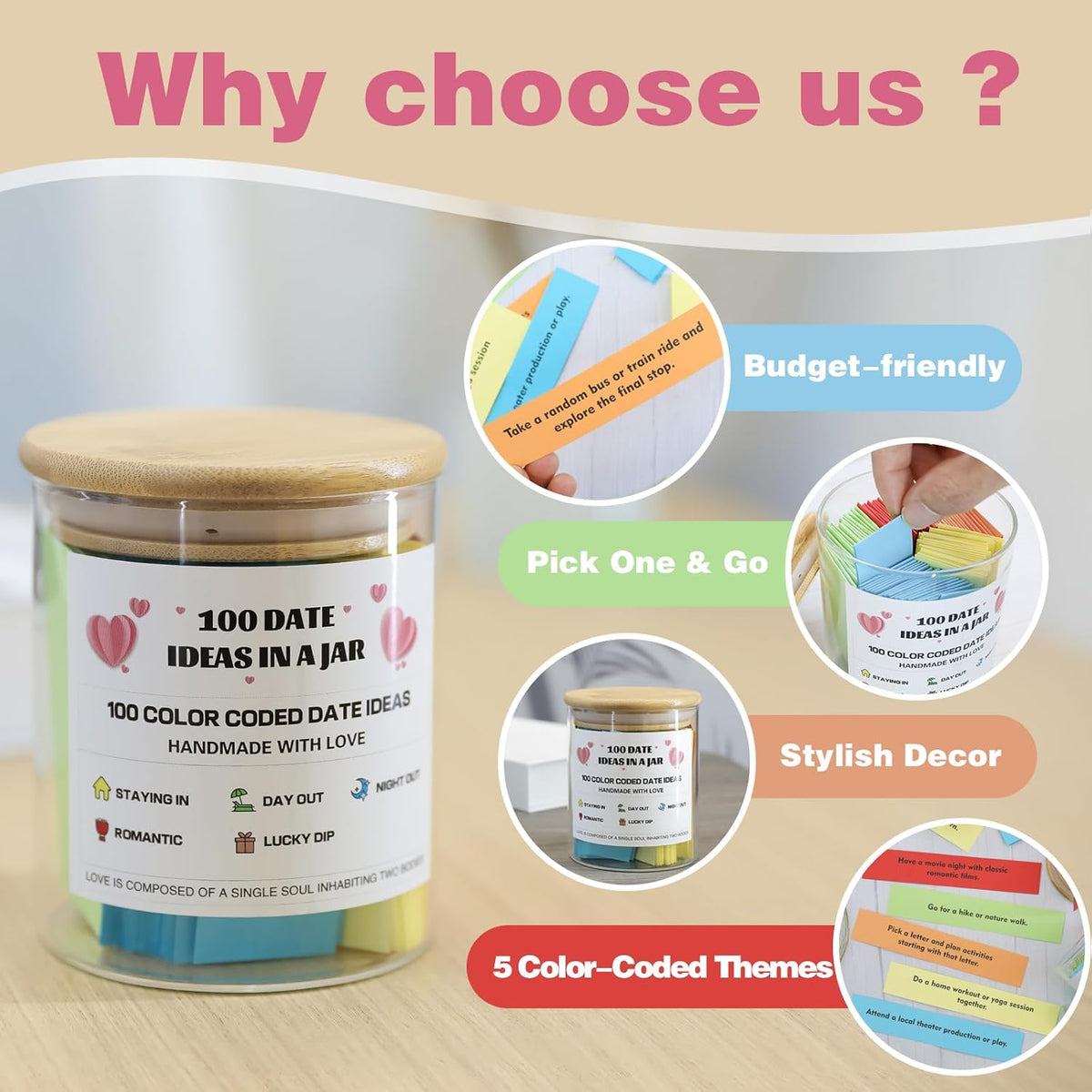 MSEHKM 100 Date Ideas In A Jar Date Night Ideas Color Coded Date Ideas Budget-friendly Date Jar