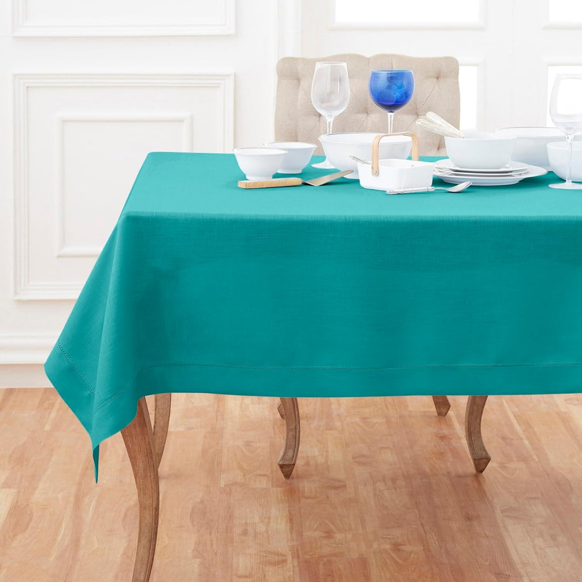 Solino Home Linen Tablecloth 60 x 144 Inch - Classic Hemstitch 100% Pure Linen Teal Table Cloth for