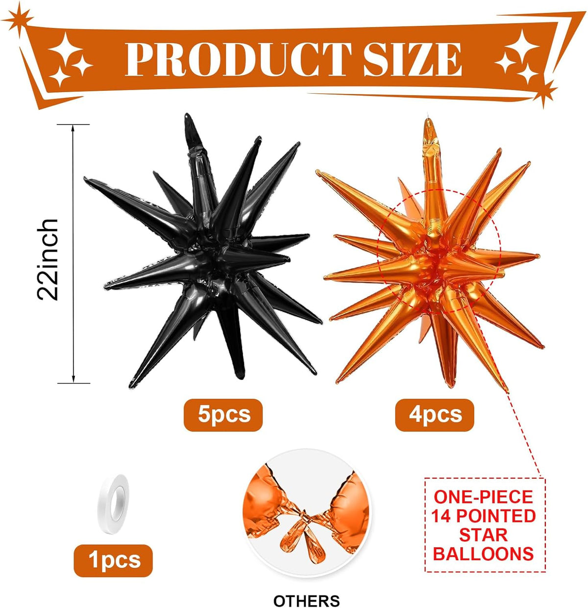 Black Orange Star Balloons,9Pcs 22Inch Black Orange Explosion Spike Cone Helium Polyester Film Star