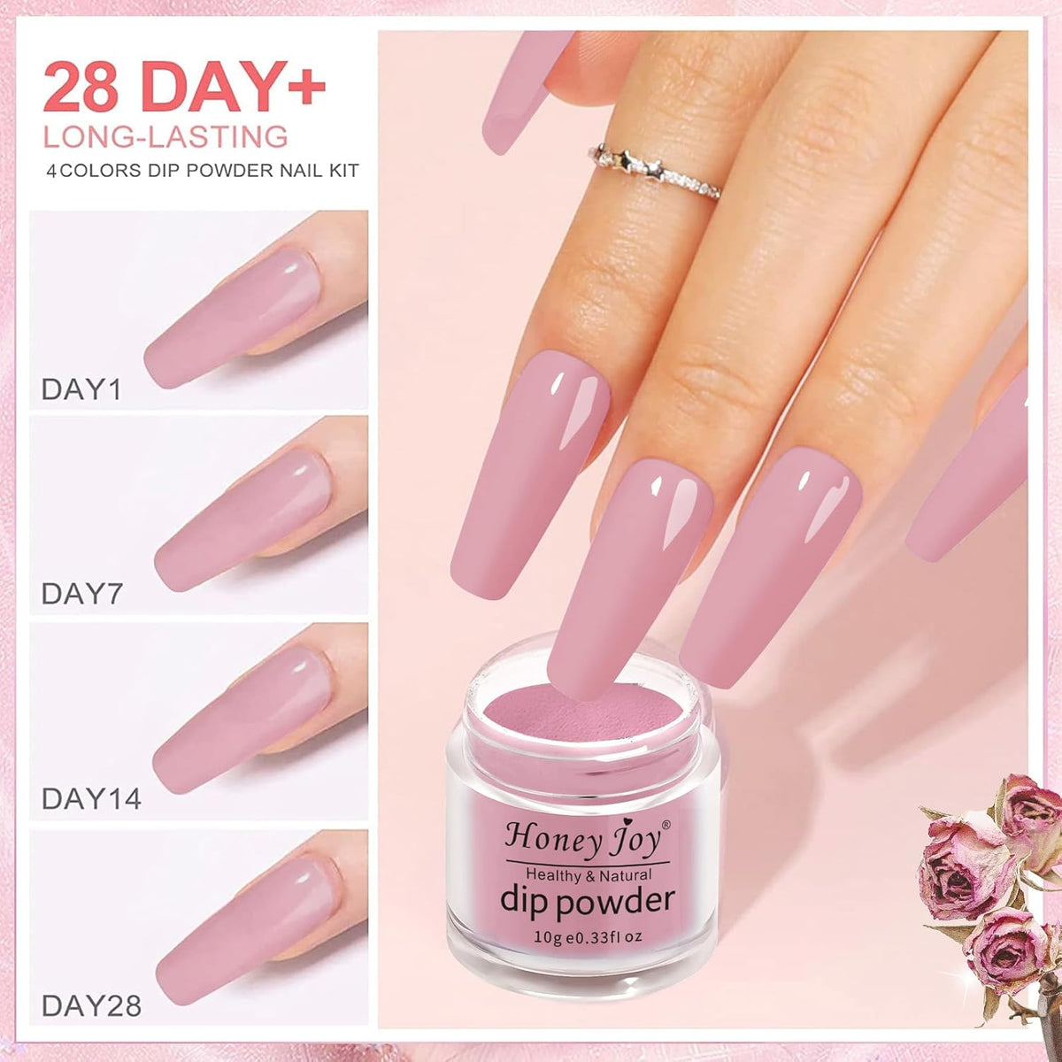 Honey Joy Dip Powder Nail Kit Starter, 4 Colors Pink Glitter Fine Dipping Powder Nude Color Kit