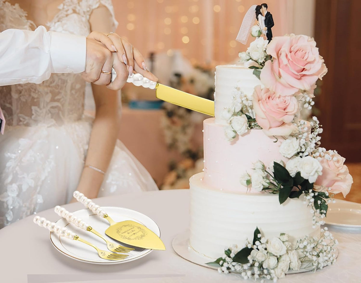 Wedding Cake Knife and Server Set,Gold Cake Cutting Set for Wedding,Ceramic Pearl Handle Wedding