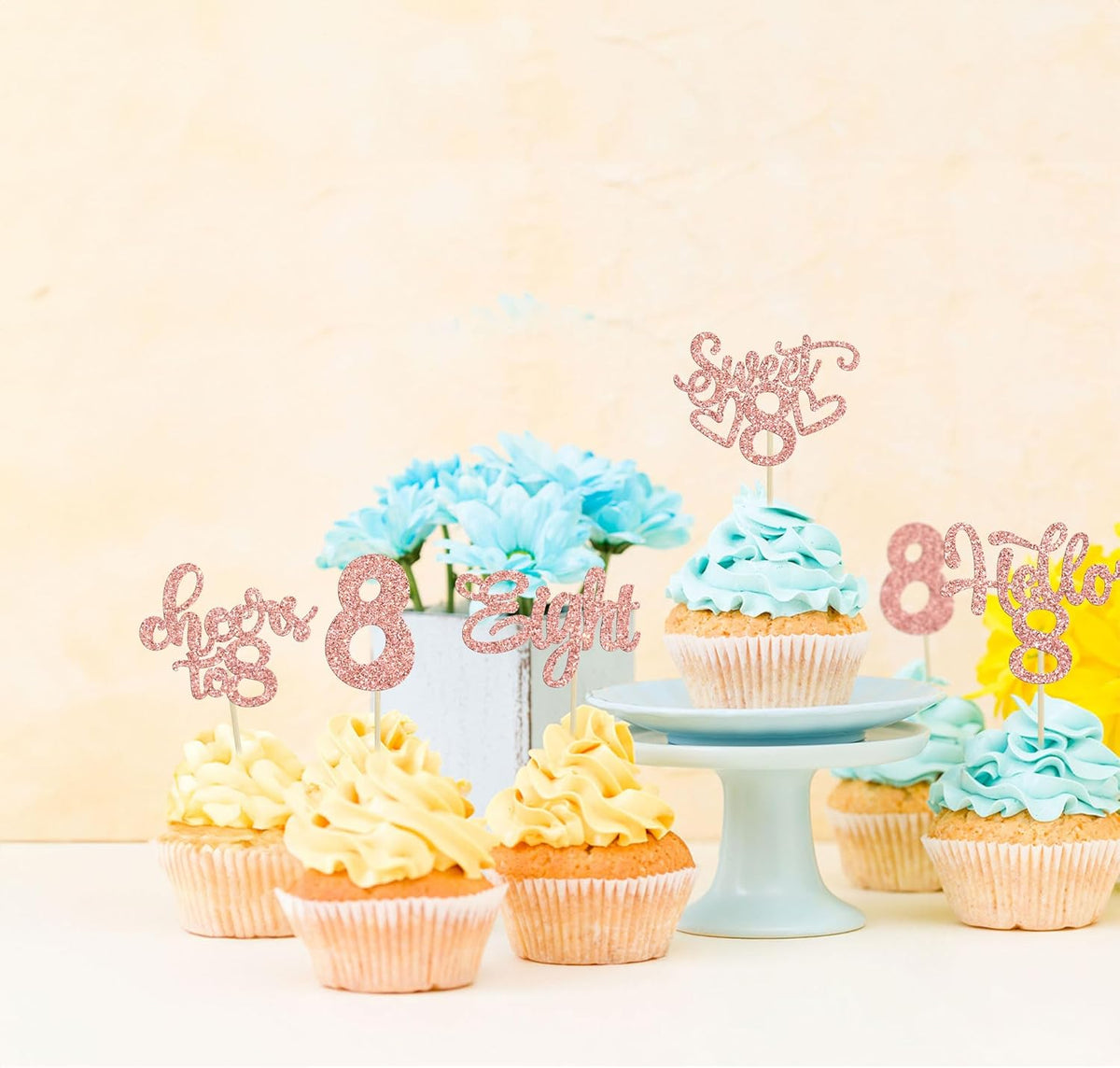 30Pcs 8th Birthday Cupcake Toppers Glitter Eight Hello 8 Cupcake Picks Cheers to 8 Years Old Cake
