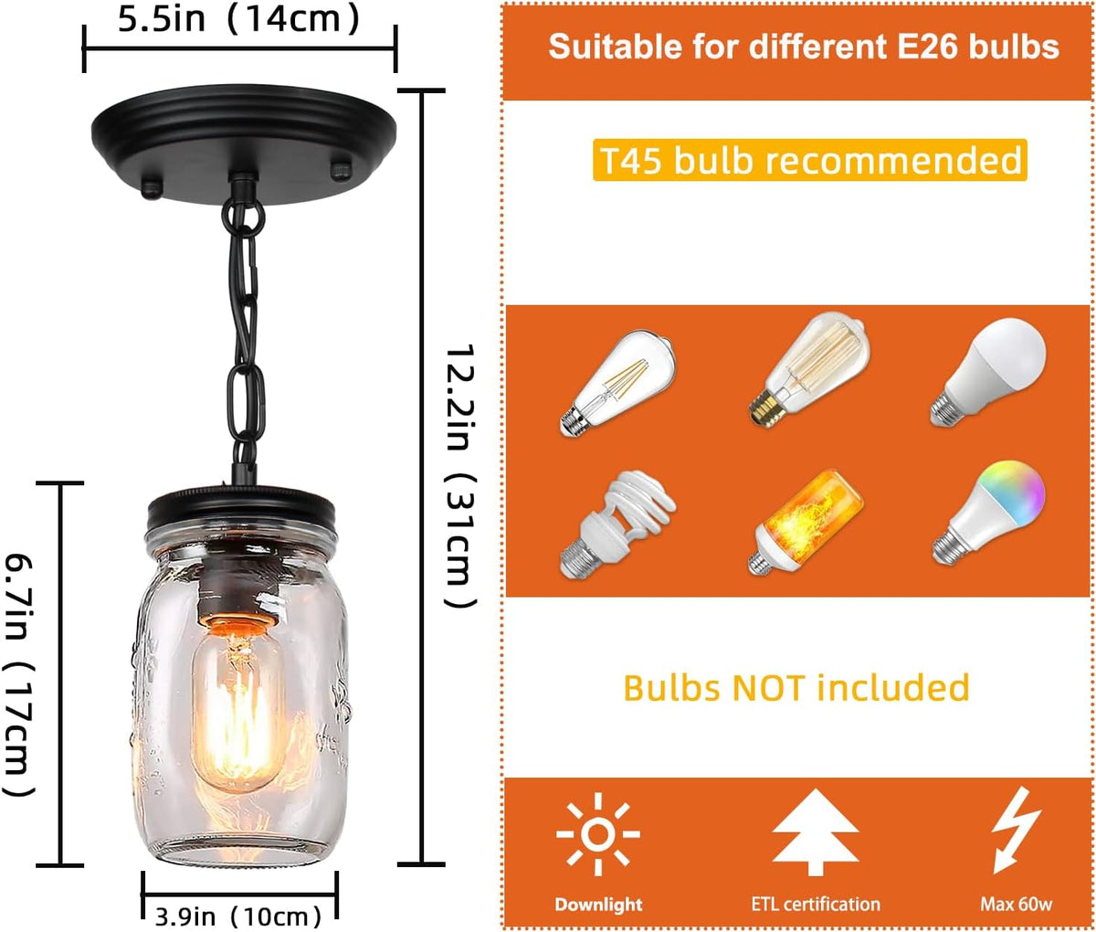Glass Mason Jar Light Fixtures - Single Pendant Ceiling Light 1-Light Flush Mount - Black Country