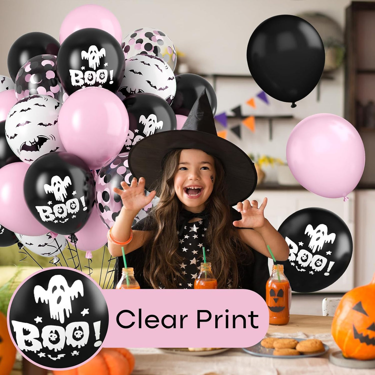 FunHot Halloween Party Balloons, 60Pcs Pink Black Halloween Balloon, 12 Inch Black Pink Confetti