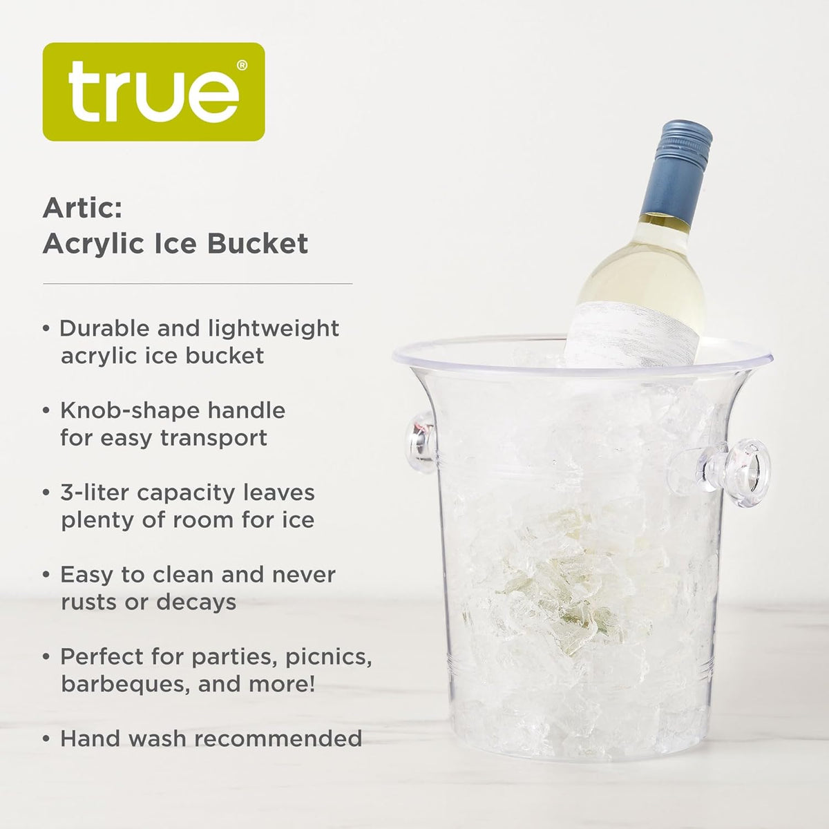 True Clear Acrylic Ice Bucket with Handles, 3-Liter Capacity, Durable Wine and Champagne Bucket