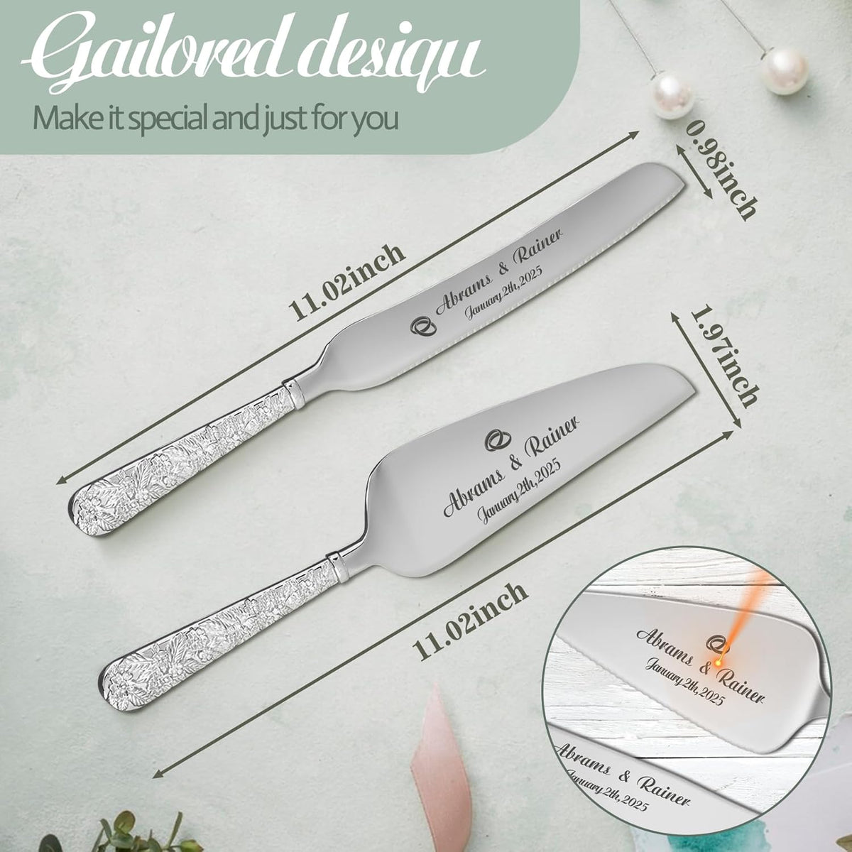 HJX Personalized Wedding Cake Knife and Server Set - Custom Name Engraved Cutting Set with Elegant