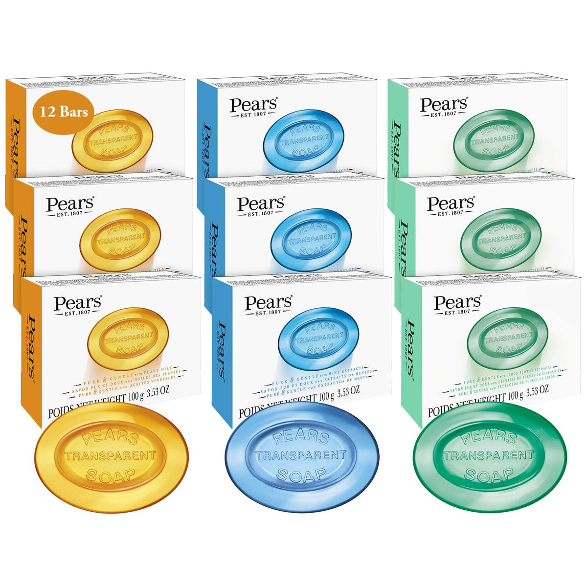 Pears Glycerin Soap Variety 12-Pack – Transparent Amber, Blue & Green Bars for Soft, Glowing Skin