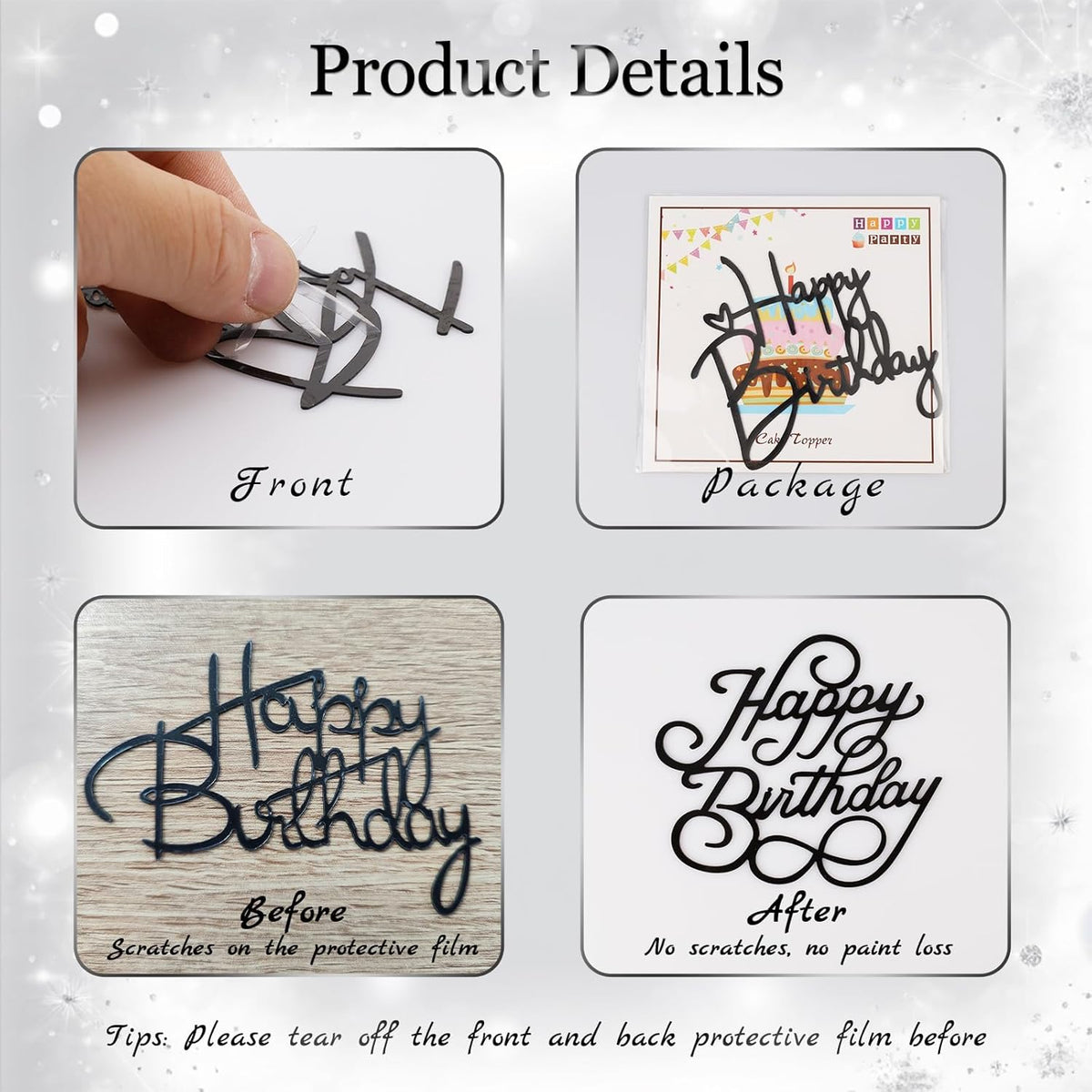 10 PCS Black Birthday Cake Topper Mirror Acrylic Happy Birthday Cake Toppers Double-Sided Dessert