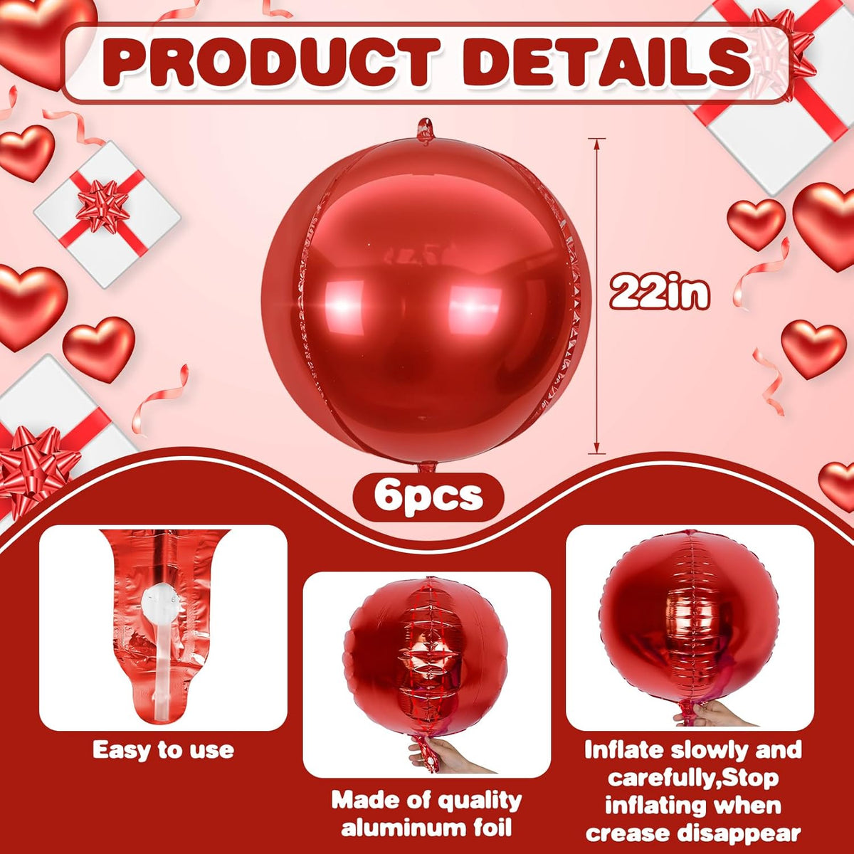6Pcs Red Round Foil Balloons,Giant 4D Round Ball Balloons,22 Inch Metallic Red Balloon for Birthday