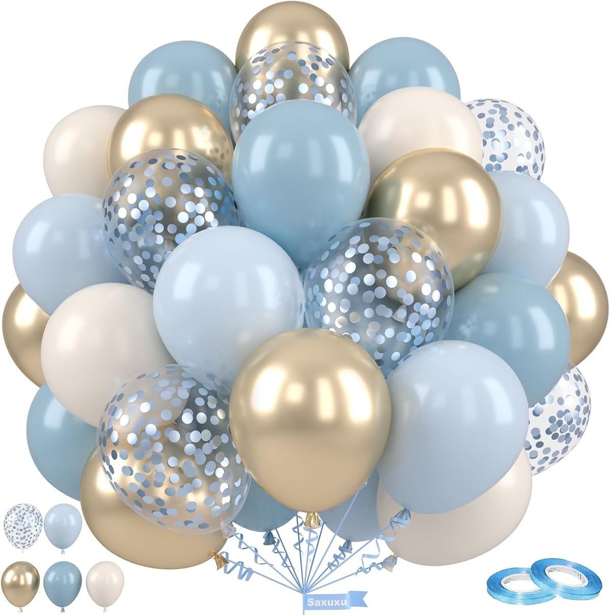 Dusty Blue and Gold Balloons, 12 Inch Blue Gold Balloons, Retro Fog Blue Metallic Golden White