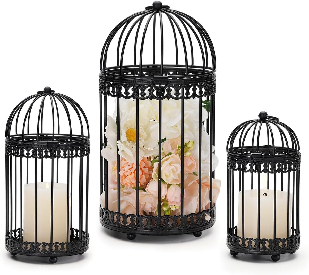 NUPTIO Decorative Bird Cages for Centerpiece: Black Vintage Bird Cage Hanging Lantern Set of 3