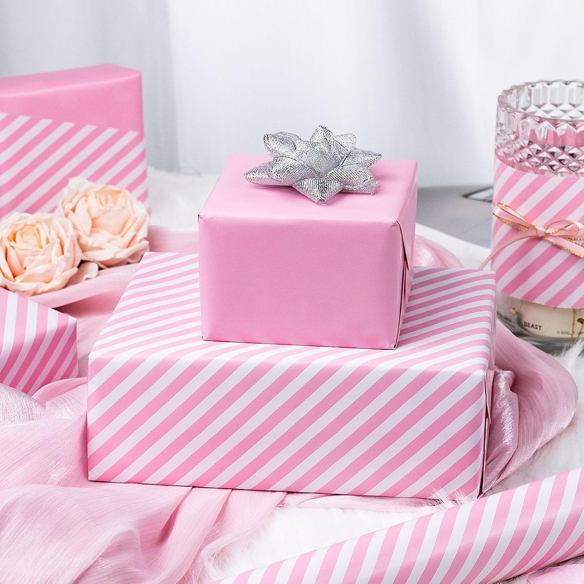 Burymento Pink and White Stripes Wrapping Paper, Reversible Pink Gift Wrap for Birthday