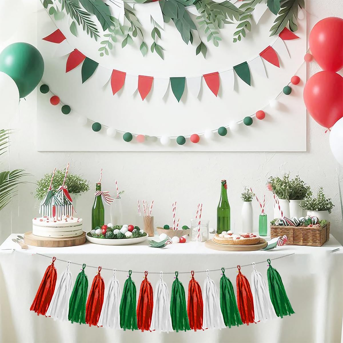 Red White Green Christmas Decorations - 15pcs Tissue Paper Tassel Garland Birthday Christmas Party