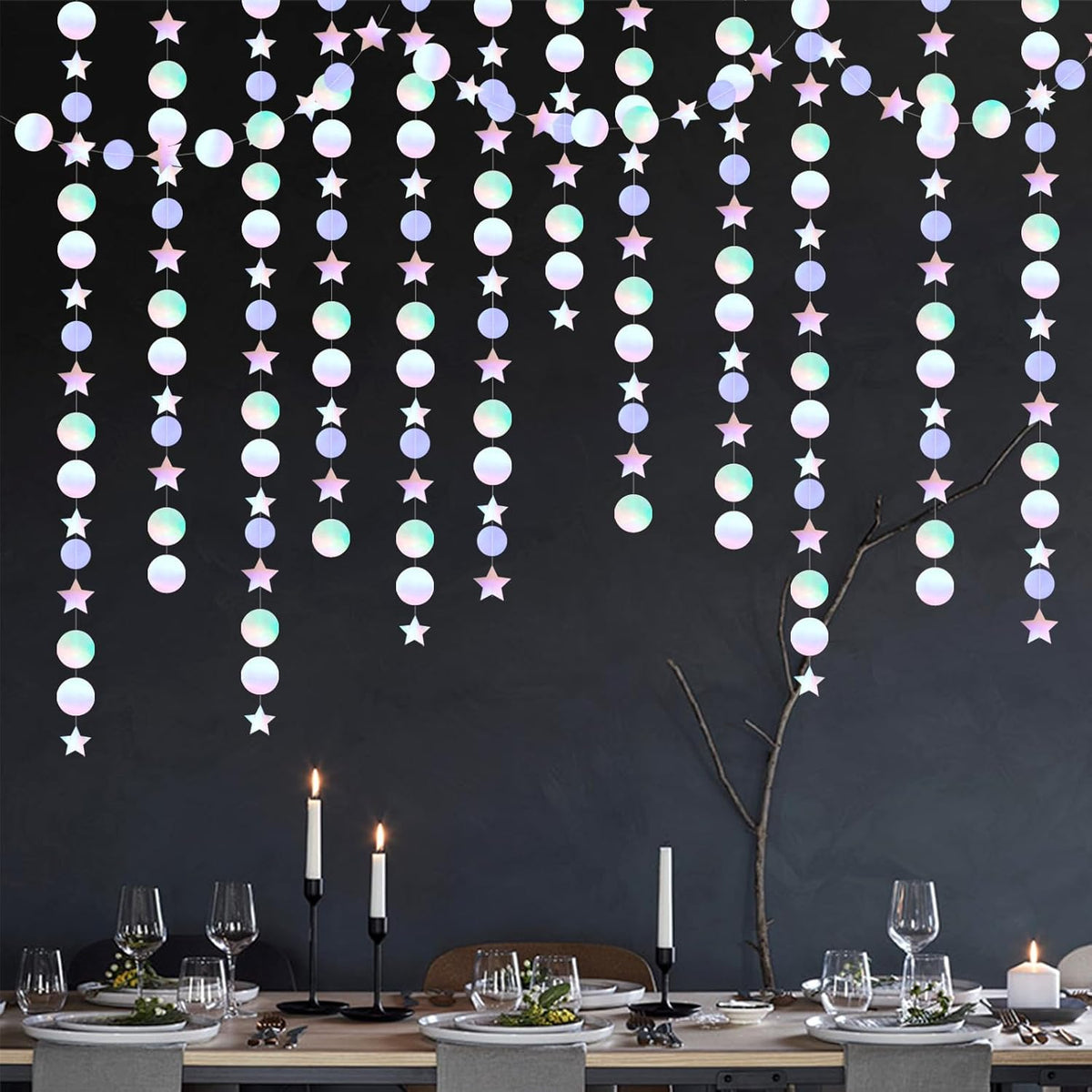 Iridescent Disco-Holographic Birthday Party-Decorations Garland - 52Ft Star Neon Wedding Hanging