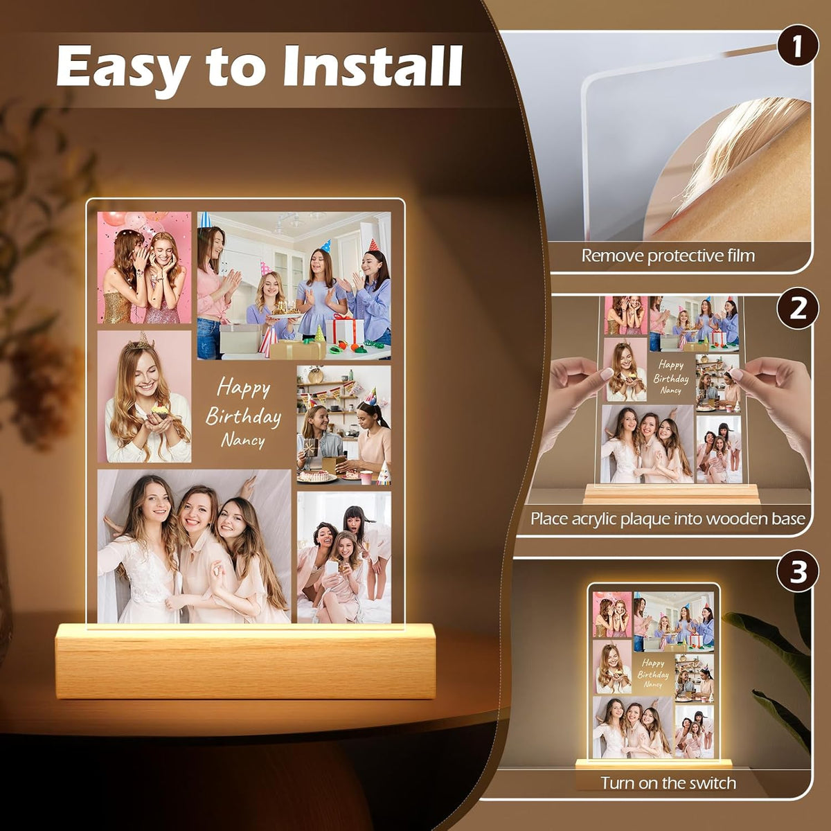 Custom Picture Frames with Photo, Personalized Photo Frame with Night Light, Customized Picture