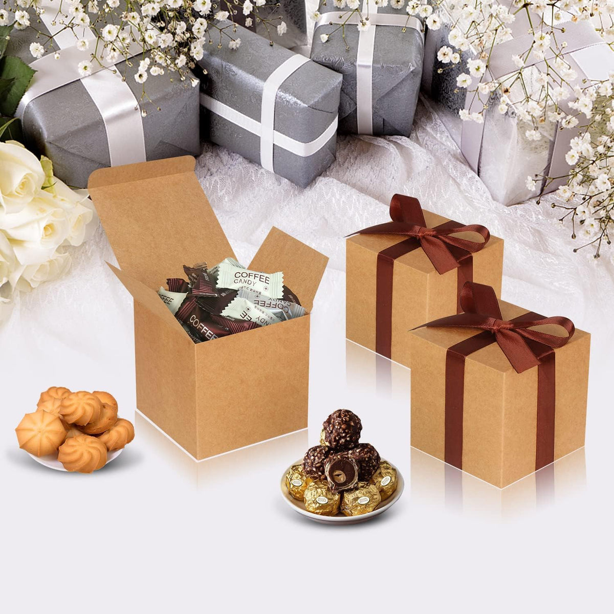100 Pack Small Gift Boxes, 2x2x2 Inches Favor Boxes Brown Paper Gift Boxes with Lids for Presents