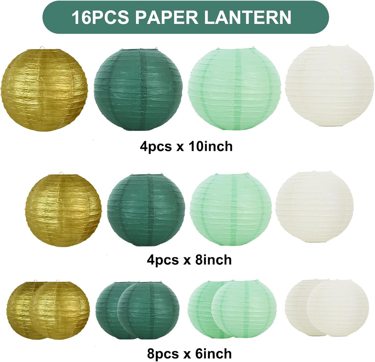 BEISHIDA 16 Pcs Sage Green Gold Paper Lanterns,Hanging Decorative Chinese Japanese Round Paper