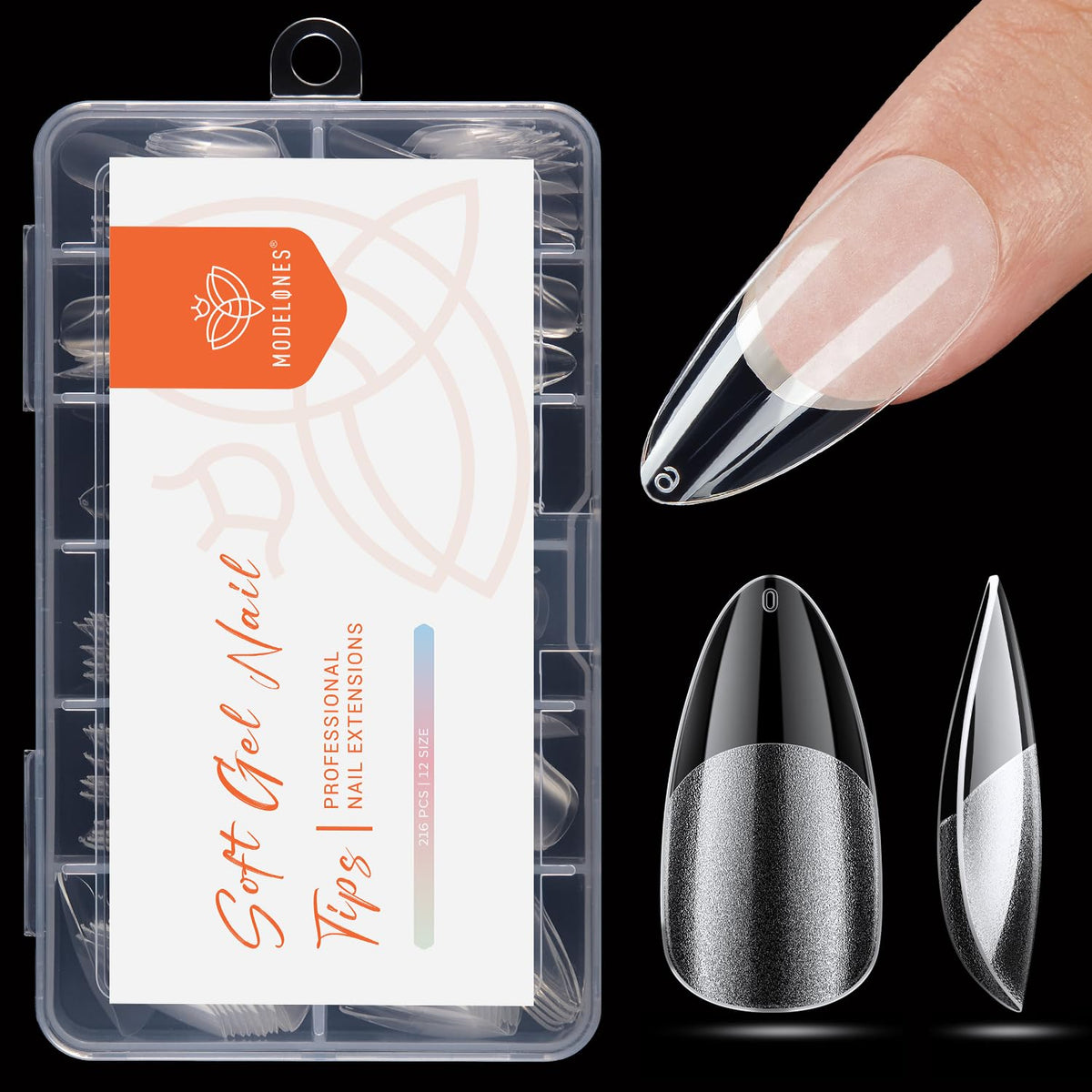 modelones Pointed Almond Nail Tips, Medium Pre-shaped Soft Gel Tips Fake Nails False Acrylic Clear