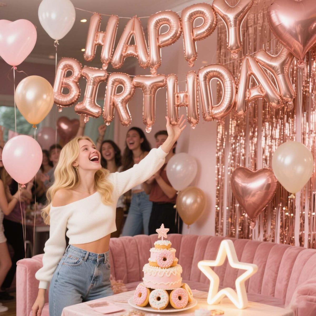 29 Pcs Rose Gold Birthday Party Decorations - Happy Birthday Balloons Banner, Heart & Star Foil