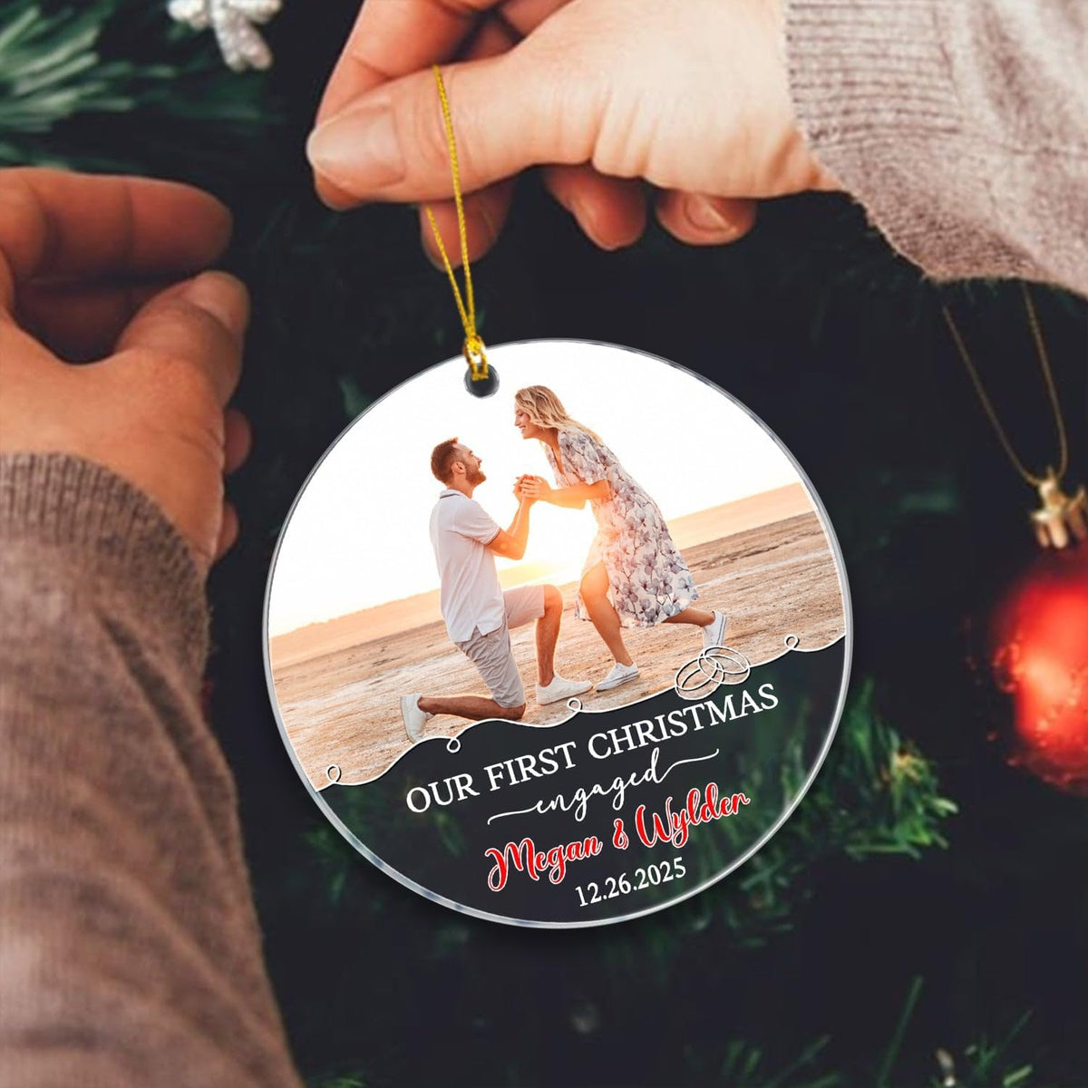Our First Christmas Engaged Ornament, Customized Name Date & Photo Couple Just Engaged Ornament