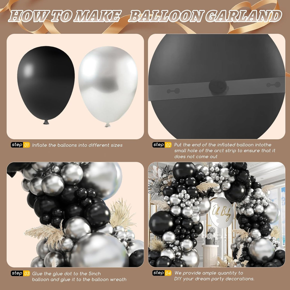 412Pcs Black and Silver Balloons Arch Kit, Latex Balloons Different Sizes 18 12 10 5 Inch for