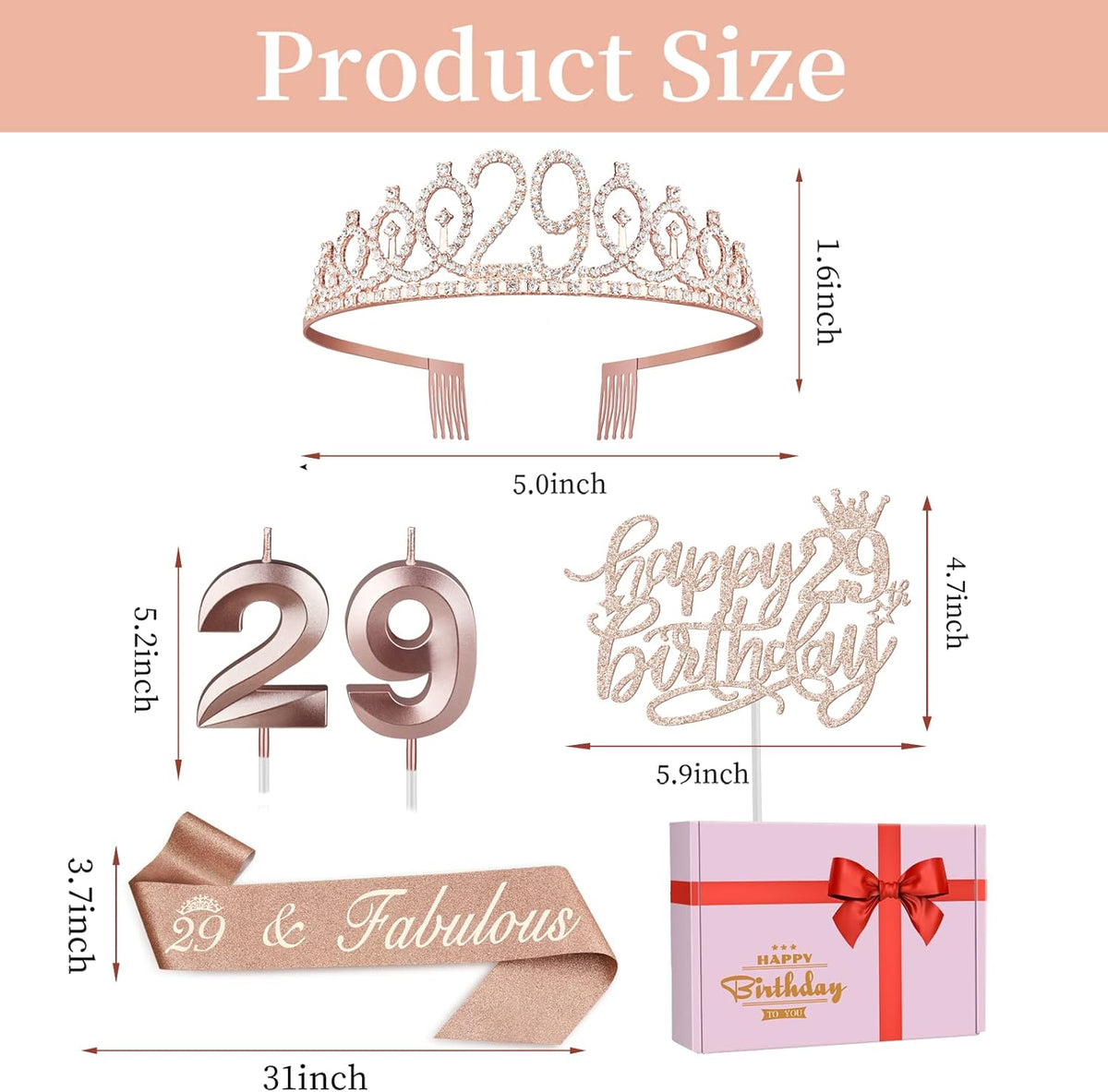 29th Birthday Decorations for Women Including Birthday Sash, Tiara, Numeral Candles and Cake