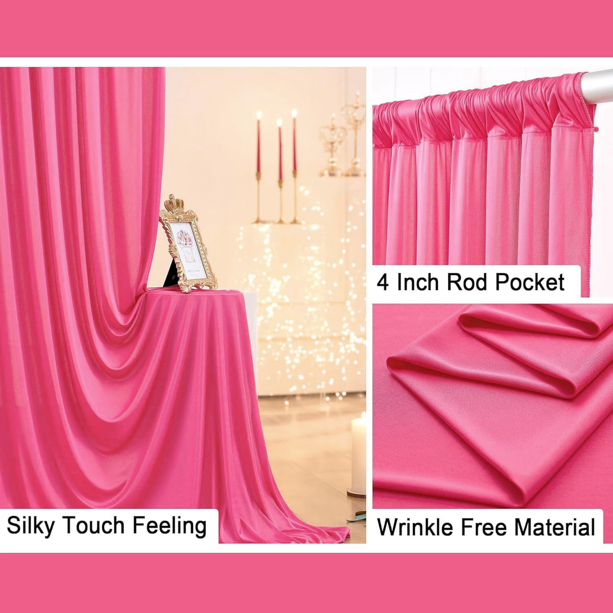 20 ft x 10 ft Wrinkle Free Fuchsia Backdrop Curtain for Parties, 4 Panels Polyester Hot Pink Photo