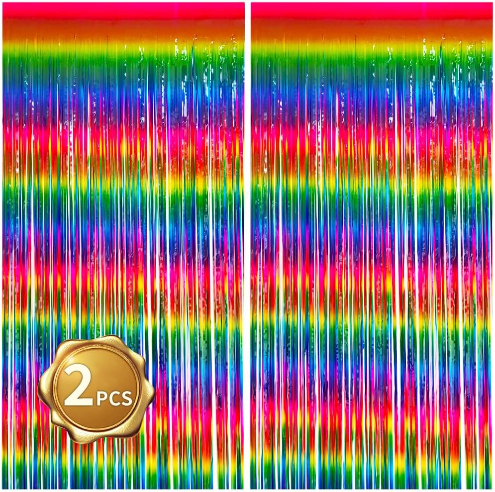 BEISHIDA 2 Pack Dark Rainbow Colorful Foil Fringe Curtain, Assort Color Tinsel Metallic Curtains