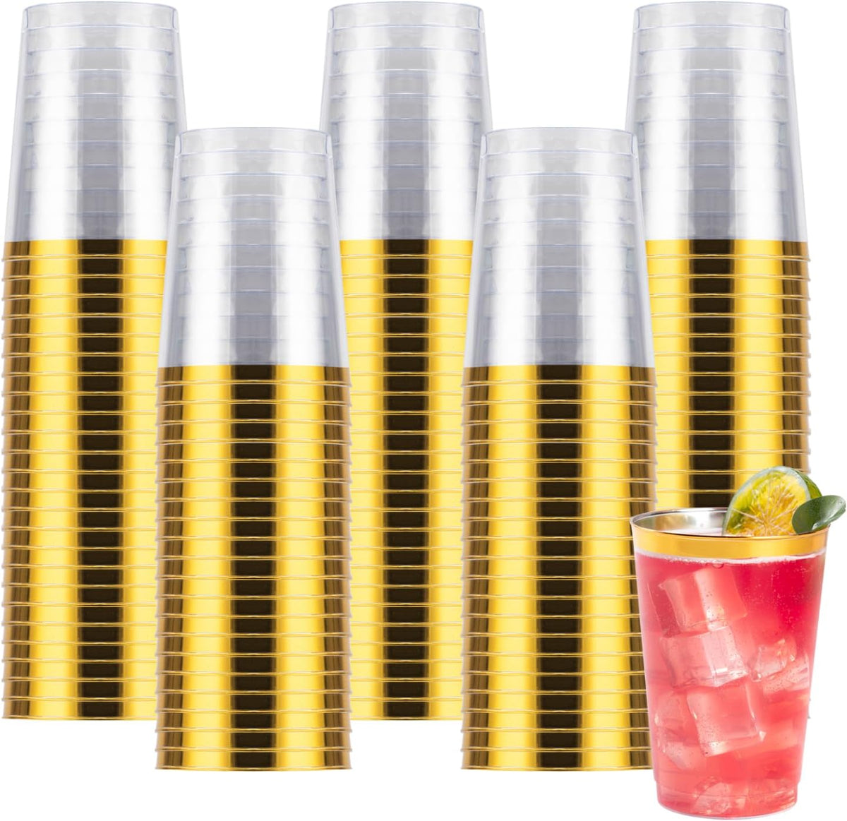 Goodluck 100PCS 10oz Gold Plastic Cups for Party, Disposable Gold Rim Cups, Plastic Cocktail