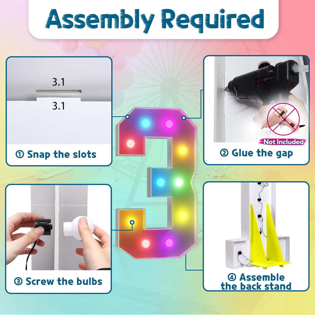 imprsv 4FT Colorful Marquee Numbers,18 Colors Number 3 with Remote, Light Up Numbers Sign for 30th
