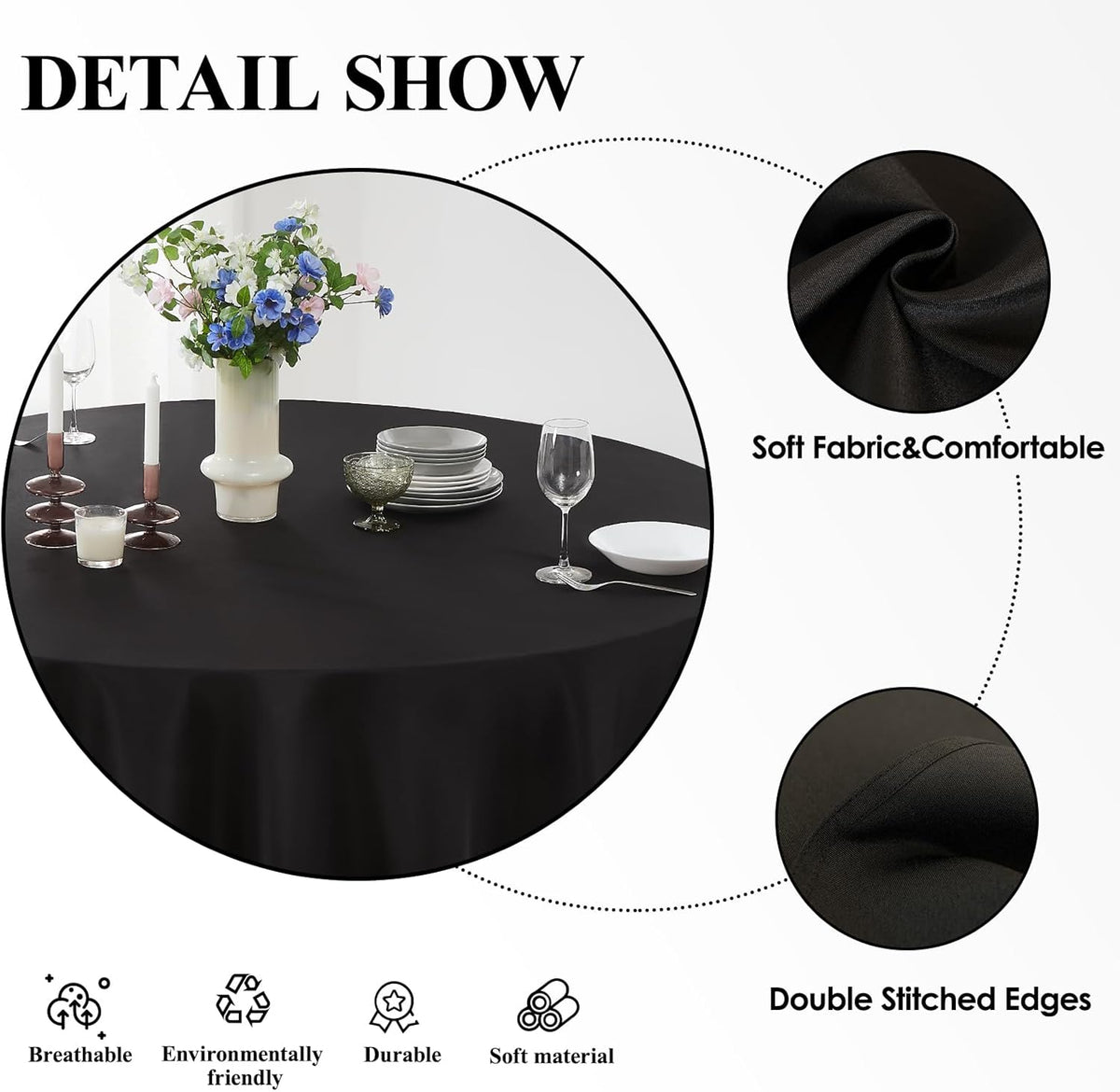 Round Tablecloth 2 Pack 90 Inch Black Tablecloths Washable Decorative Linen Polyester Table Clothes