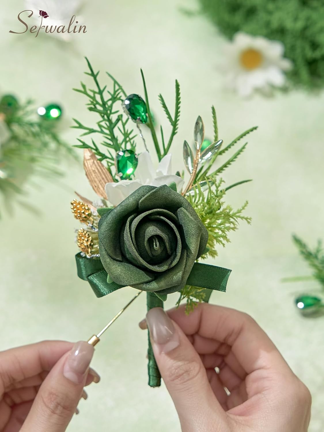 Serwalin 10Pcs Boutonniere for Men, Green Groom and Best Man Boutonniere, Artificial Flowers for