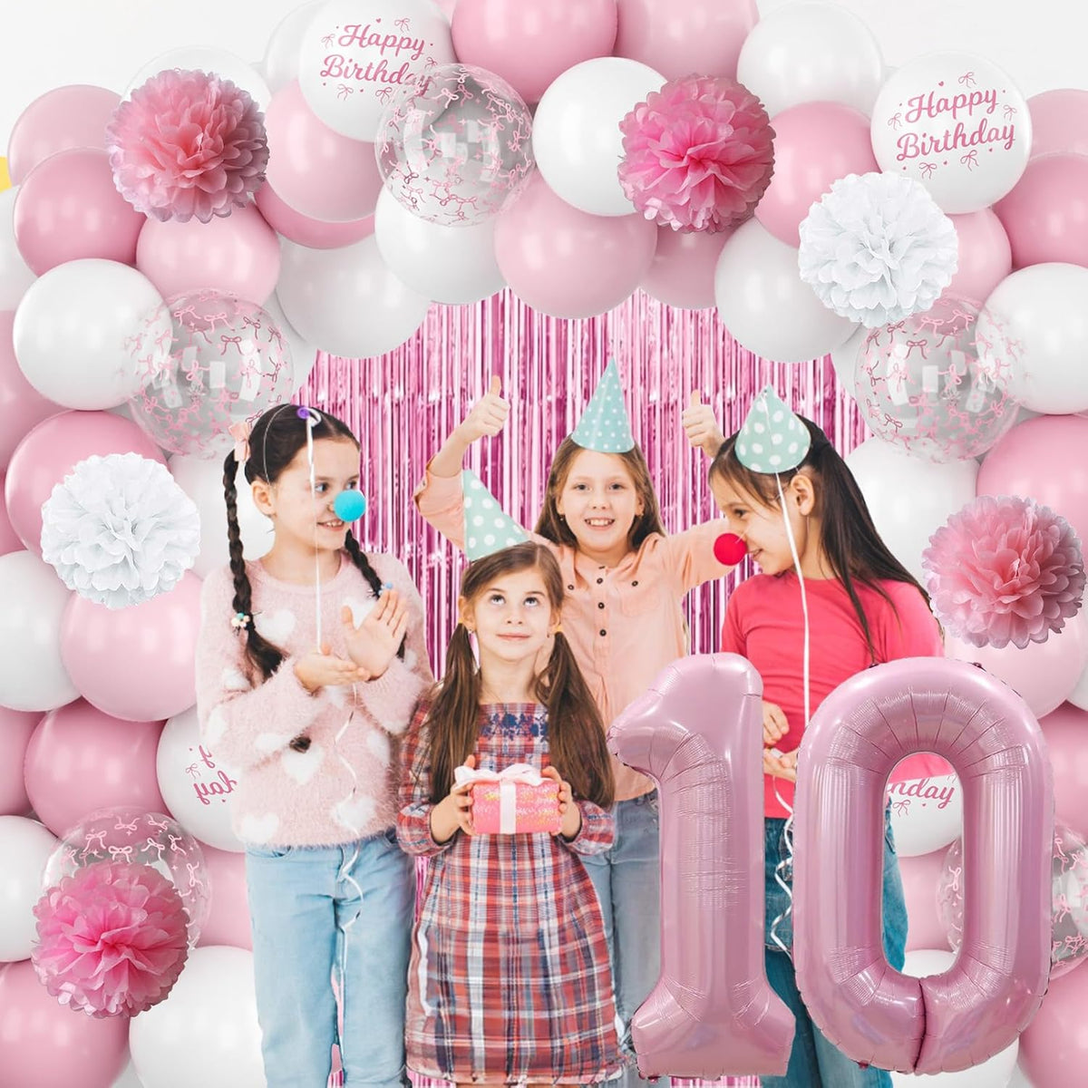 10th Birthday Decorations for Girls Pink Number 10 Balloon Bow Coquette Happy Birthday Banner