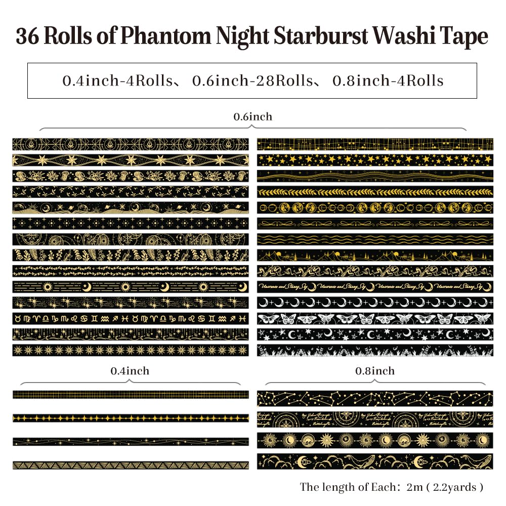 36 Rolls Glow-in-The-Dark Starry Washi Tape Set with Gold Foil Celestial Patterns - Writeable