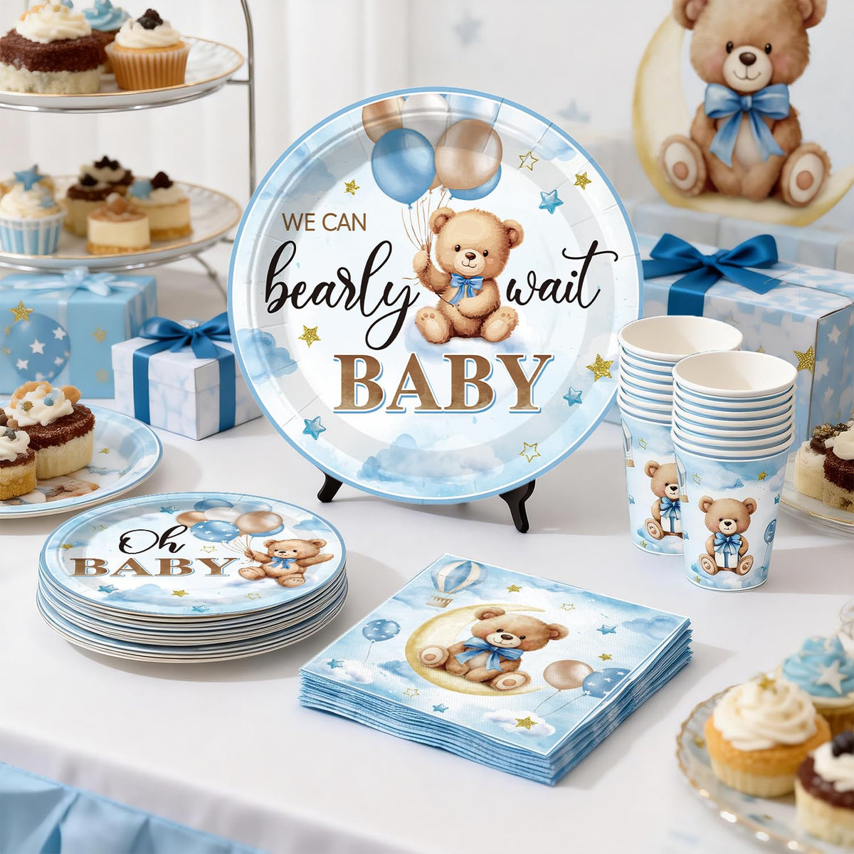 213Pcs cocomigo Blue Baby Boy Shower Decorations Tableware Set, 25 Serves