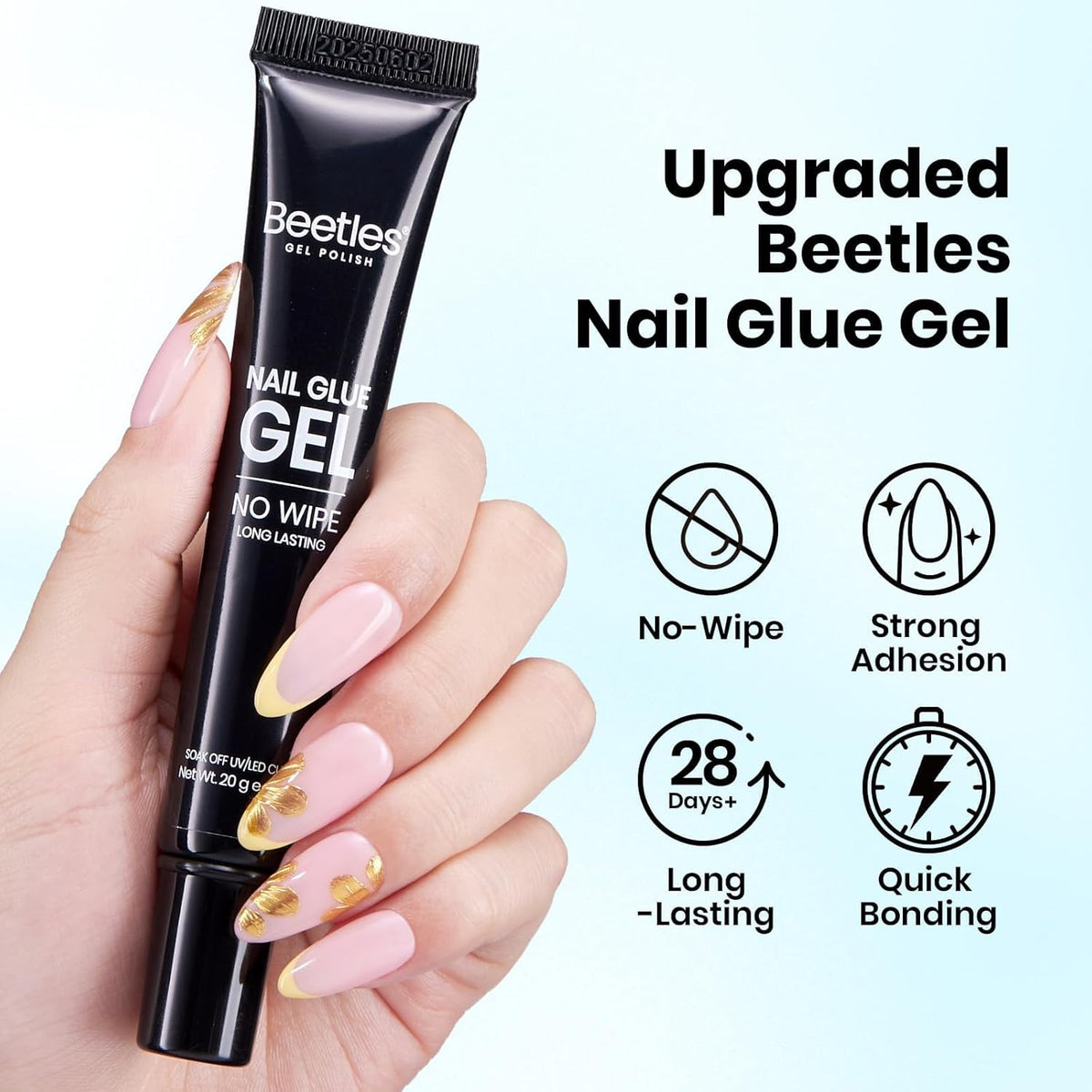Beetles 20g Solid Nail Glue Gel - No Wipe, Hands-Free Soft Nail Tips Glue for Fake Acrylic Nails