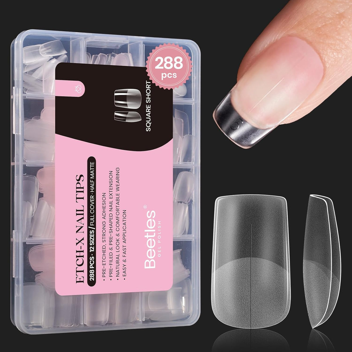 Beetles Short Square Nail Tips, 12 Sizes 288pcs French Full Matte Soft Pre-shaped Etch X Nail Tips