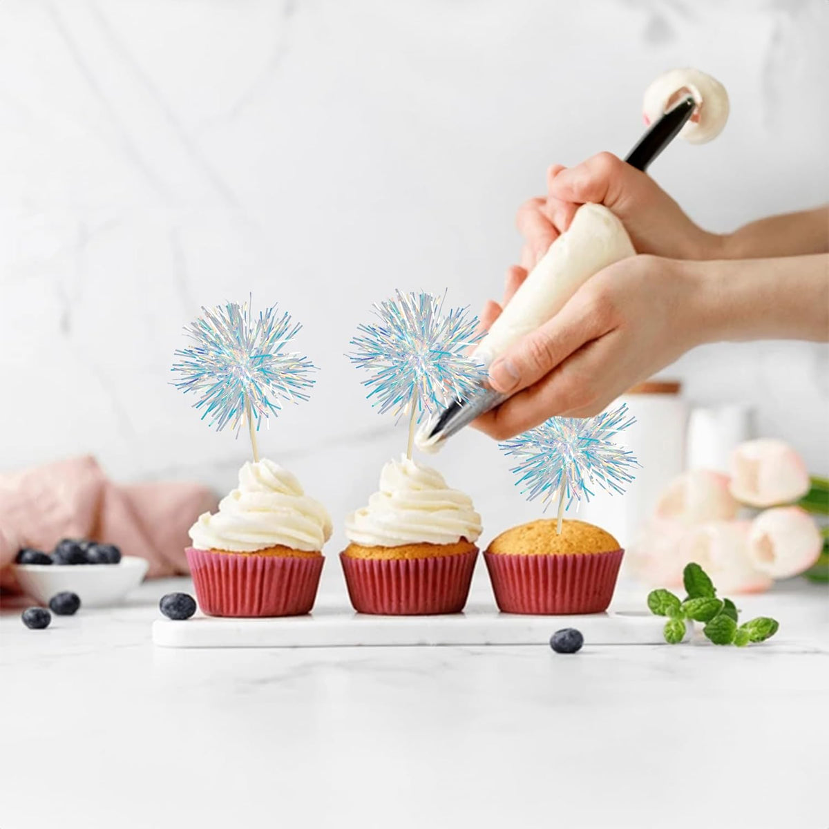 Gyufise 30Pcs Foil Firework Cupcake Toppers Sparkle Tinsel Cake Toppers Tinsel Drink Cake