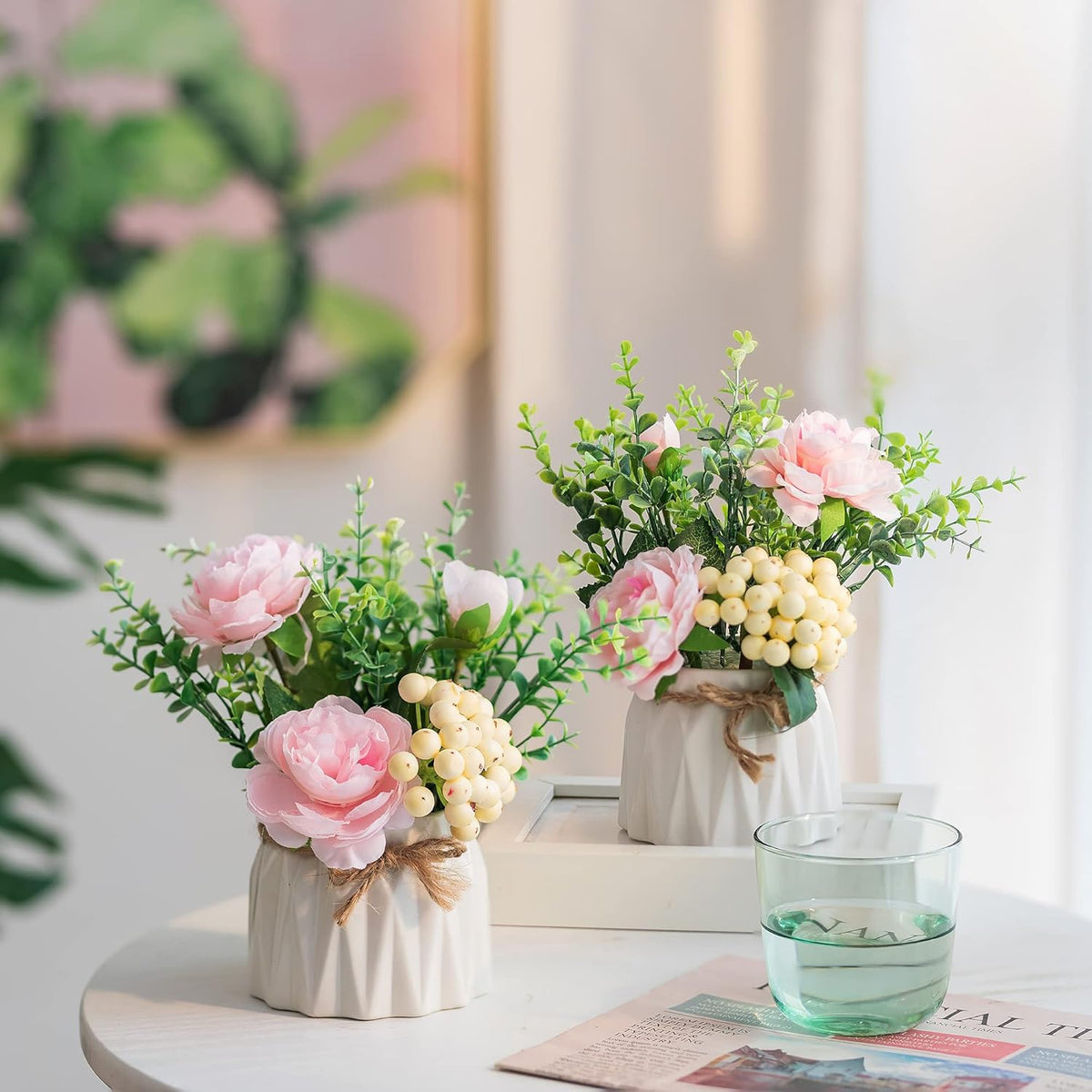 BLOSMON Table Decor Artificial Flowers Vase 7 Inch Small Fake Pink Flower Arrangement 2pcs for