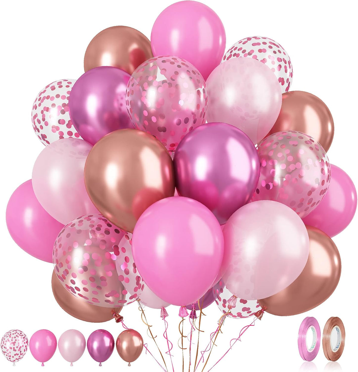 Paready Pink Confetti Balloons, 60 Pcs 12 Inch Metallic Red Rose Gold and Pink Latex Confetti