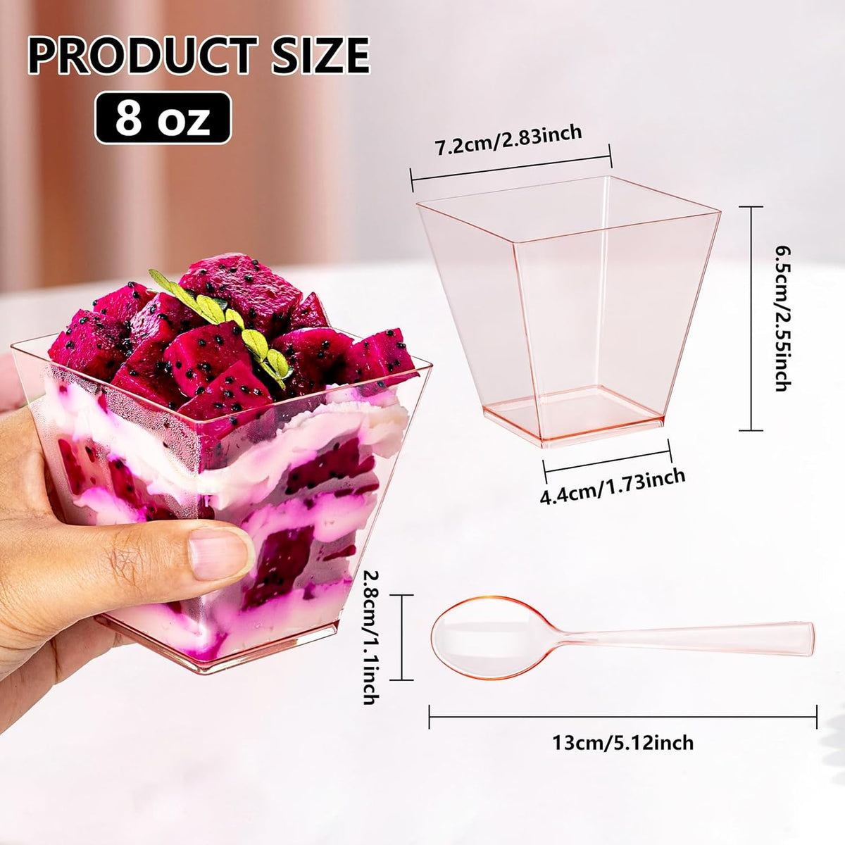YOUBET 102 PCS Plastic Dessert Cups - 8oz Pink Clear Square Cups - 51 Pack Mini Appetizer Cup with