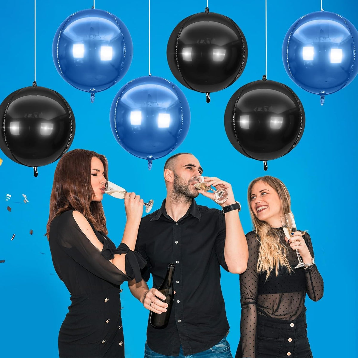 6Pcs Blue Black Round Foil Balloons,Giant 4D Round Ball Balloon,22 Inch Metallic Blue Black