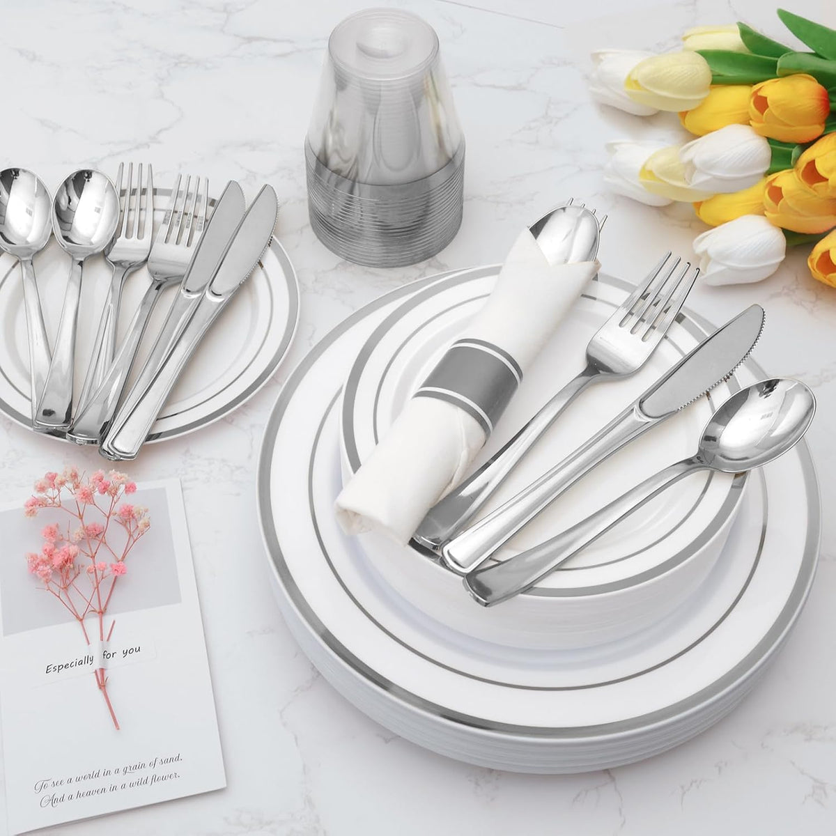 Goodluck 700 Piece Silver Plastic Dinnerware Set for 100 Guests, Disposable Plates for Party