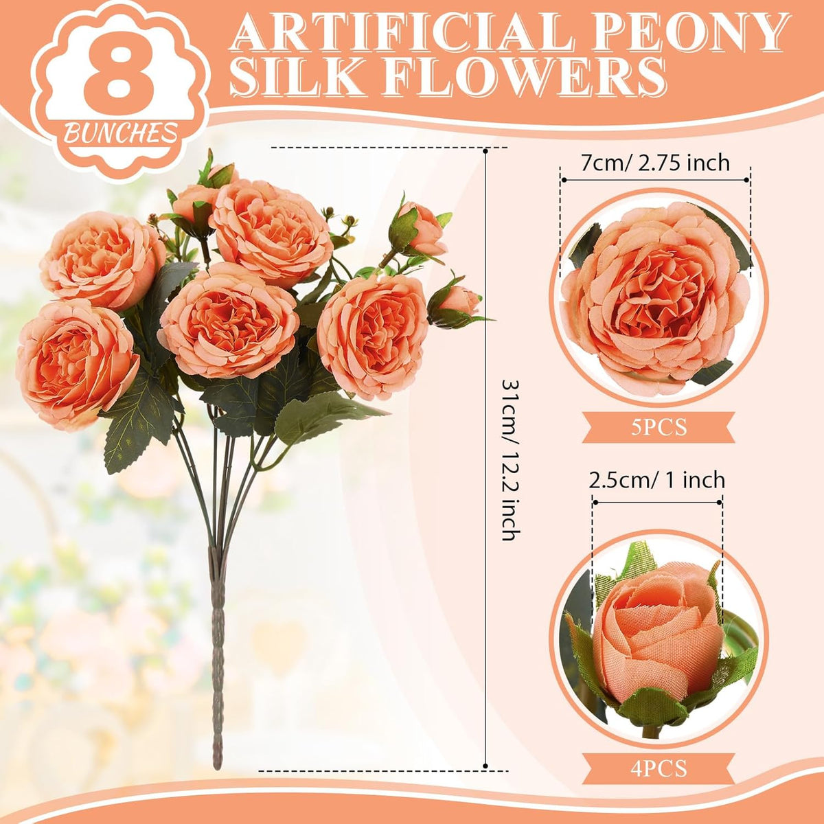 8 Bundles Artificial Peonies Flowers Boho Faux Flowers Arrangements Artificial Centerpiece Spring