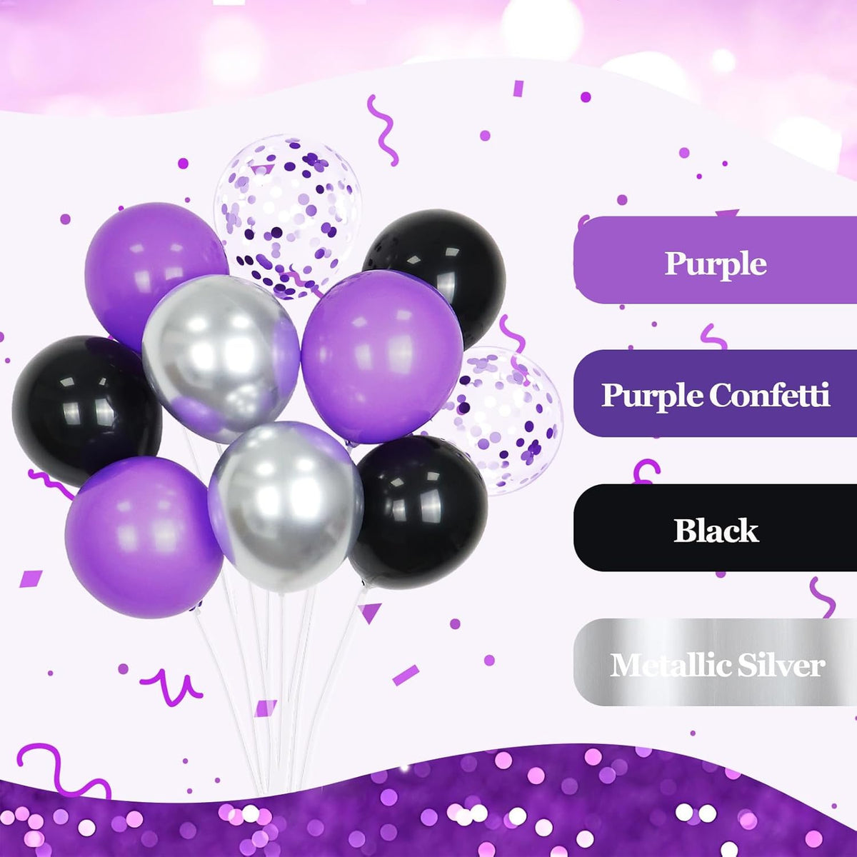 60pcs Purple and Black Balloons 12inch, Purple and Silver Balloon with Metallic Silver Confetti